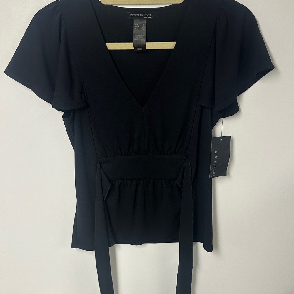 Kenneth Cole Black V-Neck Flutter Sleeve Tie-Front Top